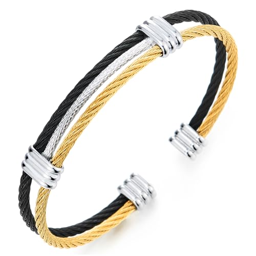 COOLSTEELANDBEYOND Herren Damen Edelstahl Elastische Armband Verstellbare Stahlkabel Armreif Schwarz Silber Gold von COOLSTEELANDBEYOND