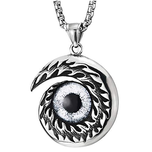 COOLSTEELANDBEYOND Herren Damen Edelstahl Flamme Wirbel Feuer Bösen Blick Anhänger Halskette mit 75cm Stahl Weizen-Kette, Yin-Yang Hinten von COOLSTEELANDBEYOND