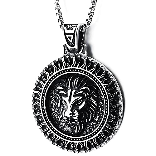 COOLSTEELANDBEYOND Herren Damen Edelstahl Geprägtes Löwenkopf Sonnenstrahlen Kreis Medaille Anhänger Halskette, Vintage Blackened von COOLSTEELANDBEYOND