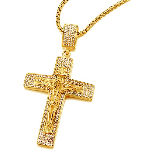 COOLSTEELANDBEYOND Herren Damen Edelstahl Gold Jesus Christus Kruzifix Kreuz Anhänger Halskette mit Zirkonia und 70cm Stahl Weizen-Kette von COOLSTEELANDBEYOND