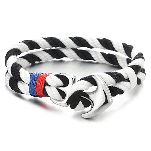 COOLSTEELANDBEYOND Herren Damen Edelstahl Marine Anker Zweireihige Nautisch Matrose Schwarz Weiß Baumwolle Geflochtenes Seil Armband von COOLSTEELANDBEYOND