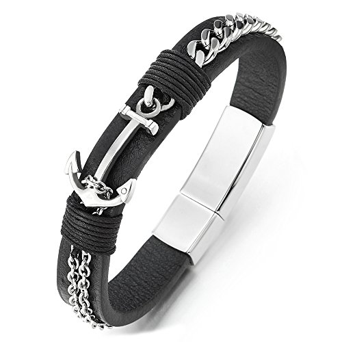 COOLSTEELANDBEYOND Herren Damen Edelstahl Nautischen Marine Kette Anker Armreif Armband, Schwarze Leder Wickeln Schweissband von COOLSTEELANDBEYOND