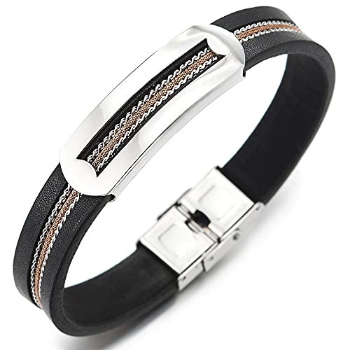 COOLSTEELANDBEYOND Herren Damen EdelstahlSchwarz Leder Armband Armreif Eingelegtes Design mit Silber Rotgold Gliederkette von COOLSTEELANDBEYOND