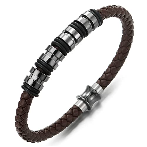 COOLSTEELANDBEYOND Herren Damen Einzigartiges Braun Geflochtene Leder-Armband Armreif mit Edelstahl-Wulst Charme und Magnetverschluss von COOLSTEELANDBEYOND
