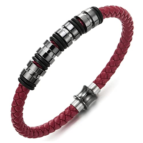 COOLSTEELANDBEYOND Herren Damen Einzigartiges Rot Geflochtene Leder-Armband Armreif mit Edelstahl-Wulst Charme und Magnetverschluss COOLSTEELANDBEYOND Herren Damen Einzigartiges Rot Geflochtene Leder-Armband Armreif mit Edelstahl-Wulst Charme und Magnetverschluss von COOLSTEELANDBEYOND