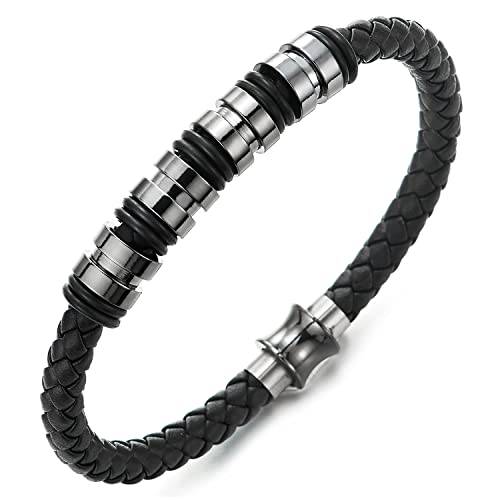 COOLSTEELANDBEYOND Herren Damen Einzigartiges Schwarz Geflochtene Leder-Armband Armreif mit Edelstahl-Wulst Charme und Magnetverschluss von COOLSTEELANDBEYOND
