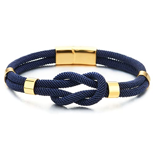 COOLSTEELANDBEYOND Herren Damen Freundschaftsbänder Nautischen Knoten Dunkel Blau Baumwolle Riemen Doppel-Lap Armband Goldfarben, Edelstahl Verschluss von COOLSTEELANDBEYOND