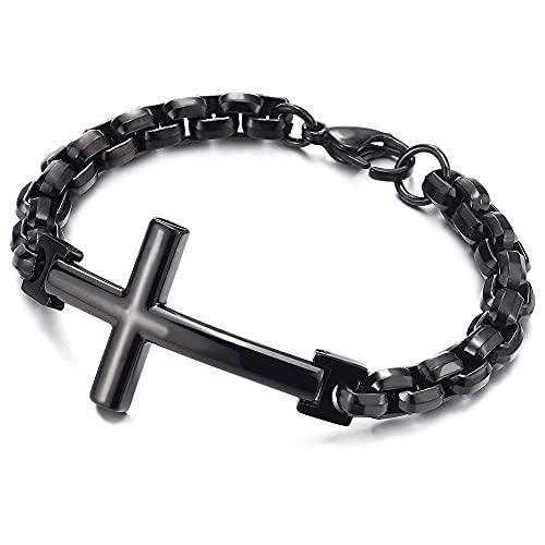 COOLSTEELANDBEYOND Herren Damen Glänzende Schwarz Edelstahl Horizontalen Seite Seitlich Kreuz Gliederkette Armband, Poliert von COOLSTEELANDBEYOND