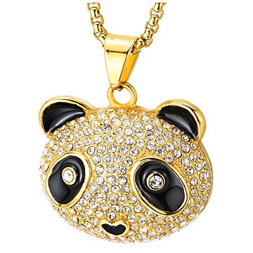 COOLSTEELANDBEYOND Herren Damen Goldfarbener Stahl Cubic Zirkonia Pave Iced Out Niedlicher Panda Anhänger Halskette Bling Bling Rapper Schmuck von COOLSTEELANDBEYOND