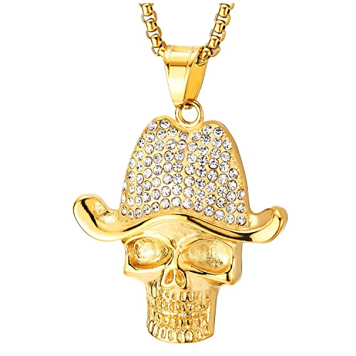 COOLSTEELANDBEYOND Herren Damen Goldfarbener Stahl Cubic Zirkonia Pave Iced Out Schädel mit Hut Anhänger Halskette Bling Bling Rapper Schmuck von COOLSTEELANDBEYOND