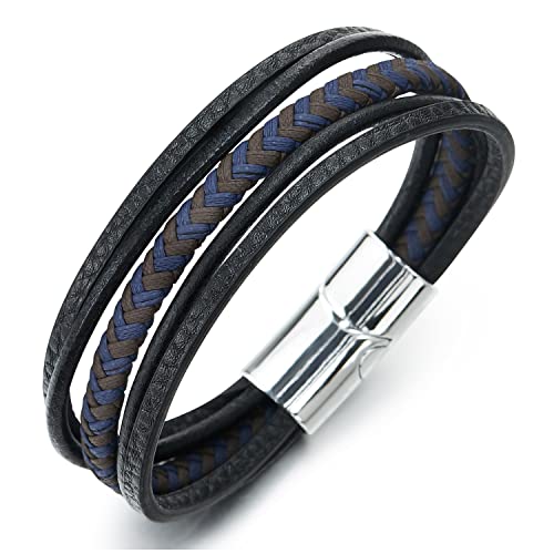 COOLSTEELANDBEYOND Herren Damen Multi-Strang Braun Blau Geflochtene Schwarz Lederarmband Armband Echtes Leder Schweißband, Magnetverschluss von COOLSTEELANDBEYOND