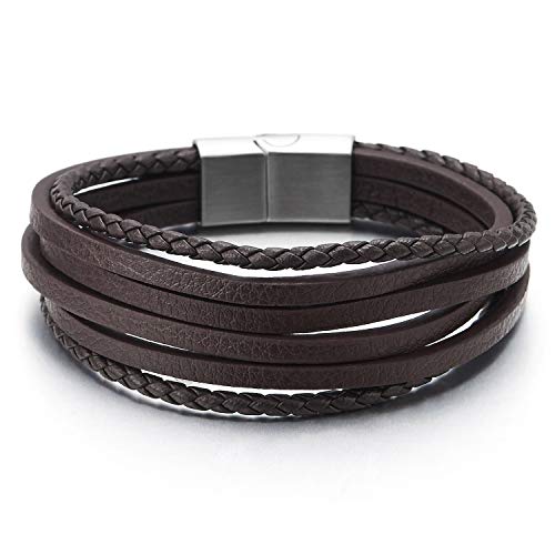 COOLSTEELANDBEYOND Herren Damen Multi-Strang Braun Lederarmband Armband Geflochtene Echtes Leder Schweißband Edelstahl Magnetverschluss von COOLSTEELANDBEYOND