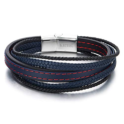 COOLSTEELANDBEYOND Herren Damen Multi-Strang Navy Blau Schwarz Rot Stiche Geflochtene Lederarmband Armband Leder Schweißband Edelstahl von COOLSTEELANDBEYOND