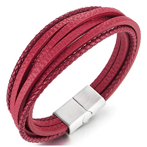 iMECTALII Herren Damen Multi-Strang Rot Lederarmband Armband Geflochtene Echtes Leder Schweißband Edelstahl Magnetverschluss von COOLSTEELANDBEYOND