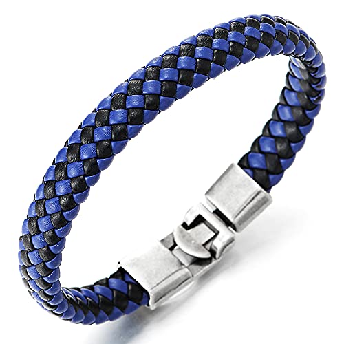 COOLSTEELANDBEYOND Herren Damen Schwarz Blau Geflochtenes Leder-Armband Echtem Leder Verwobenen Design Vintage Haken Verschluss von COOLSTEELANDBEYOND