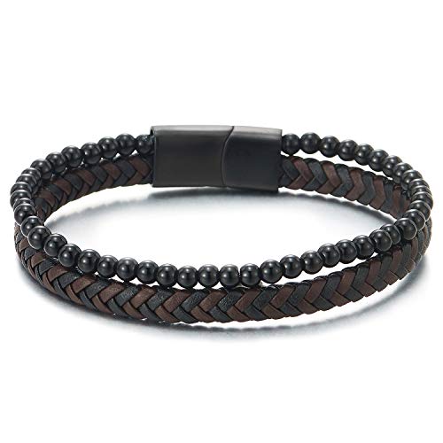 COOLSTEELANDBEYOND Herren Damen Schwarz Braun Geflochtenem Leder Schwarz Onyx Wulst Kette Doppel-Lap Armband, Schweißband von COOLSTEELANDBEYOND