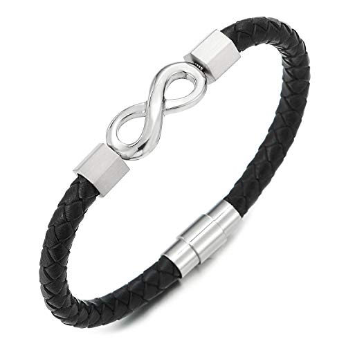 COOLSTEELANDBEYOND Herren Damen Schwarz Geflochtene Leder Armband mit Edelstahl Infinity Symbol Unendlich Liebe Number 8, Magnetverschluss von COOLSTEELANDBEYOND