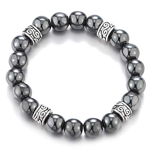 COOLSTEELANDBEYOND Herren Damen Schwarz Hematit Perlen Armband mit 4 Tribal Wulst Charms, Dehnbare von COOLSTEELANDBEYOND