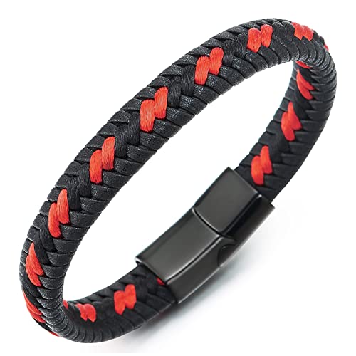 COOLSTEELANDBEYOND Herren Damen Schwarz Leder Geflochtene Armband Verflochtenen mit Orange Baumwollkordel, Edelstahl Magnetverschluss von COOLSTEELANDBEYOND