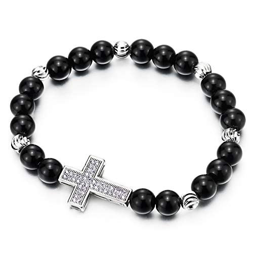 Herren Damen Schwarz Onyx Wulst Perlen Armband mit Zirkonia Pflastern Pave Horizontalen Seite Kreuz Rillen Ball Charme von COOLSTEELANDBEYOND