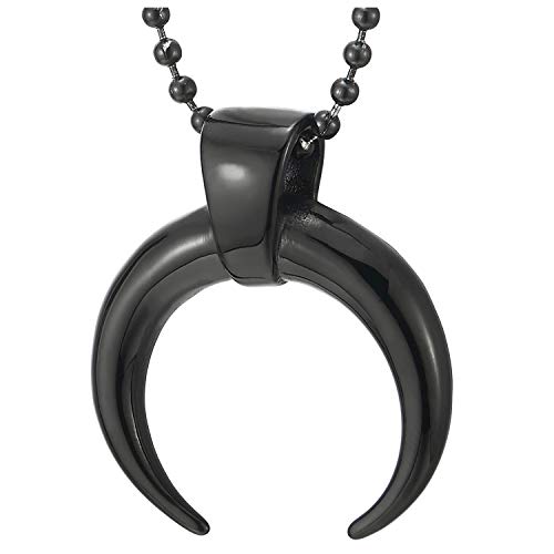 COOLSTEELANDBEYOND Herren Damen Schwarz Spike Halbmond Mond Hälfte Haken Anhänger, Edelstahl Halskette, 60cm Stahl Kugelkette von COOLSTEELANDBEYOND