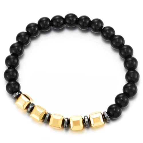 COOLSTEELANDBEYOND Herren Damen Schwarz Wulst Armband mit Gold Geometrisch Metall Wulst Dehnbare, Moderner Mode Schmuck von COOLSTEELANDBEYOND