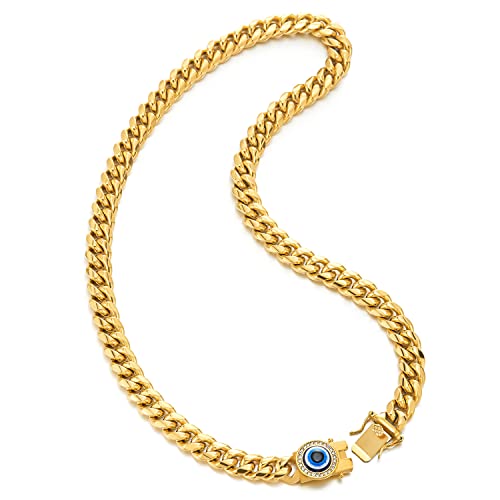 COOLSTEELANDBEYOND Herren Damen Stahl Goldfarbene Panzerkette Miami Cuban Chain Halskette mit Cubic Zirkonia Schutz Böses Auge von COOLSTEELANDBEYOND