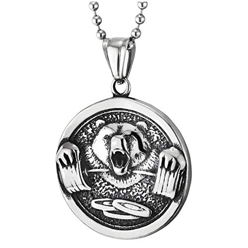 COOLSTEELANDBEYOND Herren Damen Vintage BärenHalten Langhantel Hantel Kreis Medaille Anhänger Edelstahlkette mit NO Pain NO GAIN Zweiseitig von COOLSTEELANDBEYOND