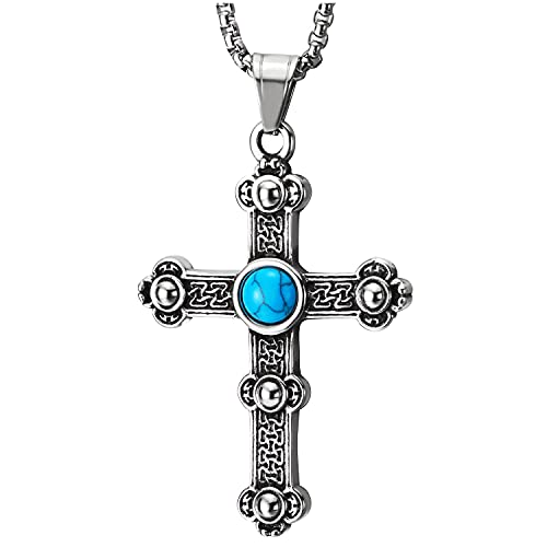 COOLSTEELANDBEYOND Herren Damen Vintage Kreuz Anhänger mit Blau Harz Türkis Schädel Tribal Tätowierung Muster Nieten Zweiseitig von COOLSTEELANDBEYOND