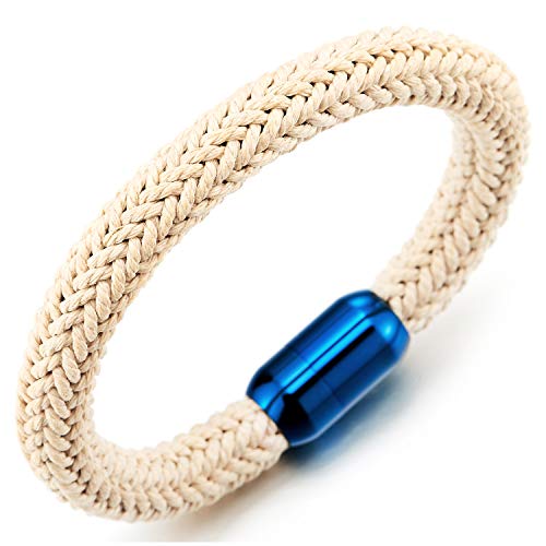 COOLSTEELANDBEYOND Herren Damen Weiß Geflochten Baumwoll Seil Armband Armreif mit Edelstahl Blau Magnetverschluss, Sommer Zubehör von COOLSTEELANDBEYOND