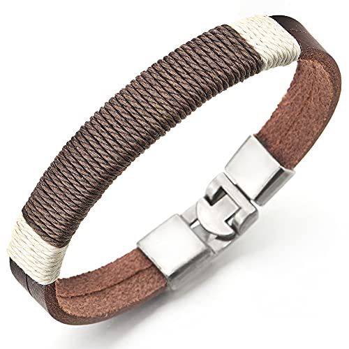 COOLSTEELANDBEYOND Herren Damen Zwei Reihen Braun Leder-Armband Echtem Leder Armband mit Weiß Braun Baumwolle Seil Schnur von COOLSTEELANDBEYOND