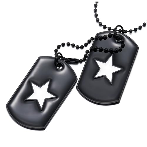 COOLSTEELANDBEYOND Herren Damen Zwei Stück Schwarz Dog Tag Anhänger Halskette mit Weiß Emaille Stern, 70cm Kugelkette von COOLSTEELANDBEYOND