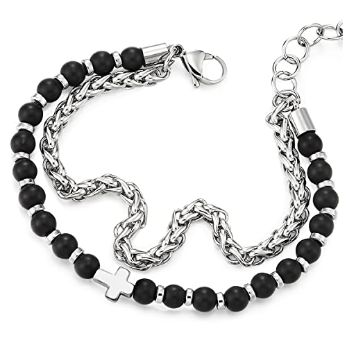 COOLSTEELANDBEYOND Herren Damen Zweireihige Edelstahl Fuchsschwanz Weizen Ketten, Wulst Kugelkette Armband mit Kreuz Charme von COOLSTEELANDBEYOND