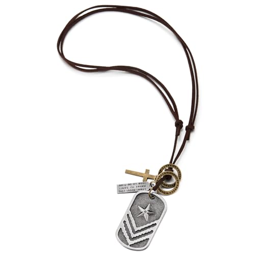 COOLSTEELANDBEYOND Herren Dog Tag Anhänger Halskette mit Stern und Stripes, Rauhe Oberfläche, Verstellbare Leder Schnur von COOLSTEELANDBEYOND