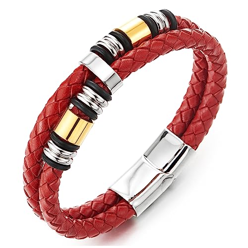 COOLSTEELANDBEYOND Herren Doppel-Lap Rot Geflochtenem Lederarmband Armband Leder Schweißband, Silber Gold Farbe Edelstahl Charme von COOLSTEELANDBEYOND