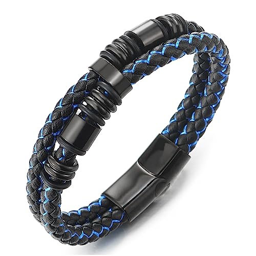 COOLSTEELANDBEYOND Herren Doppel-Lap Schwarz Blau Geflochtenem Lederarmband Armband Leder Schweißband, Schwarz Edelstahl Charme von COOLSTEELANDBEYOND