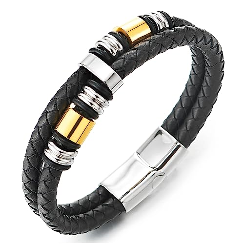 COOLSTEELANDBEYOND Herren Doppel-Lap Schwarz Geflochtenem Lederarmband Armband Leder Schweißband, Silber Gold Farbe Edelstahl Charme von COOLSTEELANDBEYOND