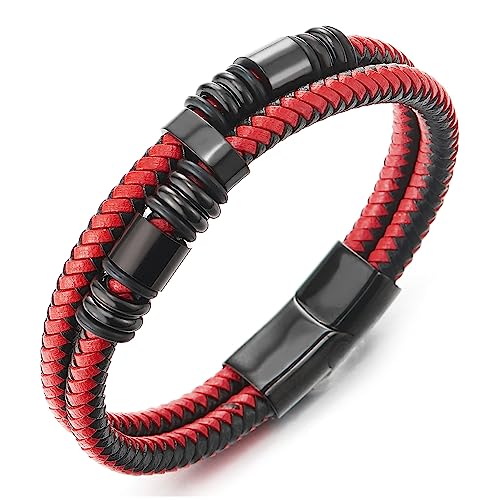 COOLSTEELANDBEYOND Herren Doppel-Lap Schwarz Rot Geflochtenem Lederarmband Armband Leder Schweißband, Schwarz Edelstahl Charme von COOLSTEELANDBEYOND