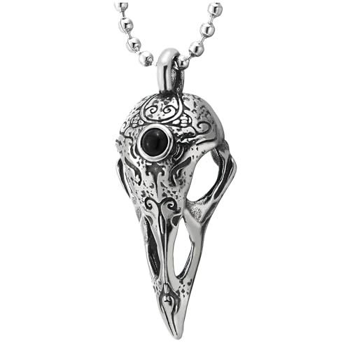 COOLSTEELANDBEYOND Herren Edelstahl Adler Vogelschädel Kopf Schädel Anhänger Halskette mit Schwarz Wulst, 60cm Stahl Kugelkette von COOLSTEELANDBEYOND