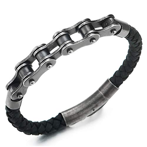 COOLSTEELANDBEYOND Herren Edelstahl Gealtertes Metall Schwarz Fahrradkette Motorrad Motorradkette Geflochtenes Leder Armband von COOLSTEELANDBEYOND