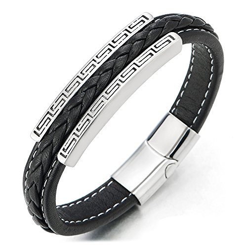 COOLSTEELANDBEYOND Herren Edelstahl Griechischen Schlüsselmuster ID Identifizierung Schwarz Geflochtene Leder Armreif Armband von COOLSTEELANDBEYOND