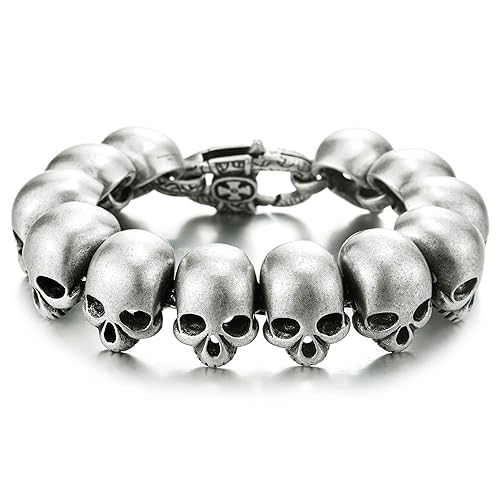 COOLSTEELANDBEYOND Herren Edelstahl Große Schädel Link Armband, Biker Gotischen Stil, Silberne Antikes Silber von COOLSTEELANDBEYOND