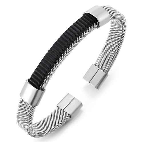 COOLSTEELANDBEYOND Herren Edelstahl Manschette Armband, Gitter Band mit Schwarz Geflochtene Center, Verstellbare, Glatt Moderner Design von COOLSTEELANDBEYOND