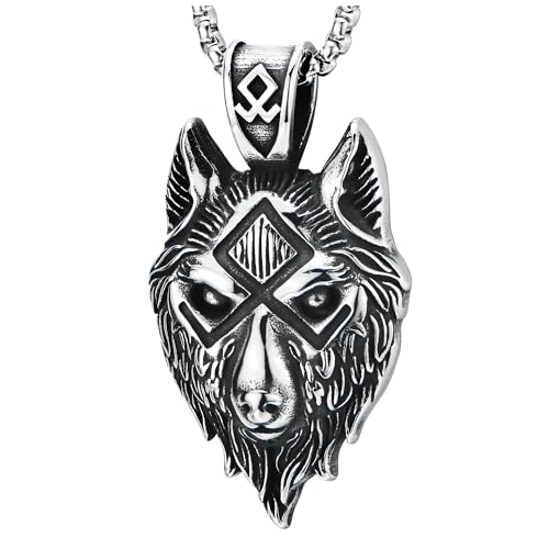 COOLSTEELANDBEYOND Herren Edelstahl Nordisch Wikinger Amulett Fenrir Wolf Vintage Wolfskopf Anhänger Halskette, mit 75CM Kette von COOLSTEELANDBEYOND