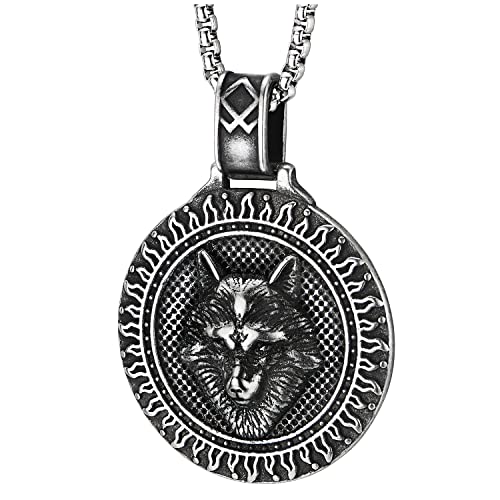 COOLSTEELANDBEYOND Herren Edelstahl Nordischer Wikinger Geprägter Wolfkopf Kreismedaille Anhänger Halskette, 75cm Weizenkette von COOLSTEELANDBEYOND