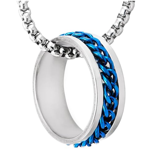 COOLSTEELANDBEYOND Herren Edelstahl Ring Anhänger Halskette mit Blauer Ketteneinlage Moderner Spinner Anhänger Schmuck von COOLSTEELANDBEYOND