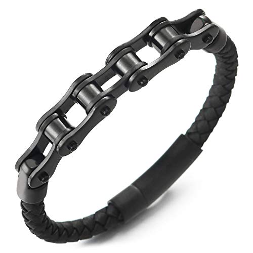 COOLSTEELANDBEYOND Herren Edelstahl Schwarz Fahrradkette Motorrad Motorradkette Geflochtenes Leder Armband, Federringverschluss von COOLSTEELANDBEYOND