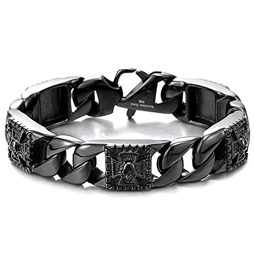 COOLSTEELANDBEYOND Herren Edelstahl Schwarz Panzerkette Armband mit Kreuz und Schädel, Biker Gotik, Poliert von COOLSTEELANDBEYOND