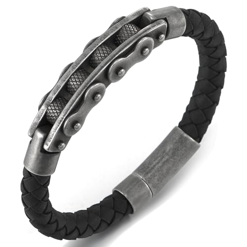 COOLSTEELANDBEYOND Herren Edelstahl Vintage Altes Metall Fahrradkette Motorrad Motorradkette Mechaniker, Schwarz Geflochtenes Leder Armband von COOLSTEELANDBEYOND