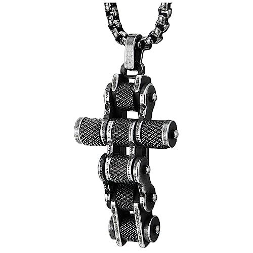 COOLSTEELANDBEYOND Herren Edelstahl Vintage oxidierte Geschwärzte Texturierte Fahrradkette Kreuz Anhänger Halskette von COOLSTEELANDBEYOND